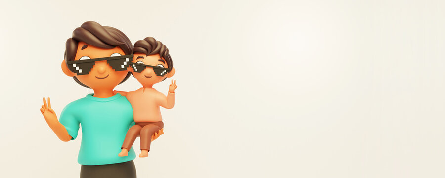 3D Cartoon Man Holding Son In His Arms And Copy Space On White Background.
