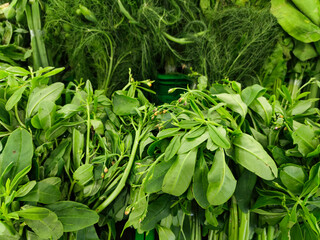 Close up of fresh green vegetables at stall of supermarket in Asia. Healthy and vegan diet.