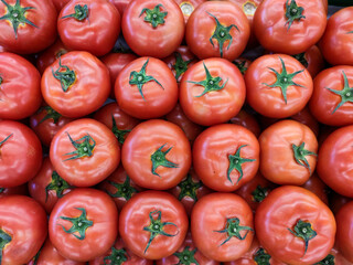 Close up of fresh tomatoes fruits at stall of supermarket in Asia. Healthy diet. Cooking ingredient. Flat lay.