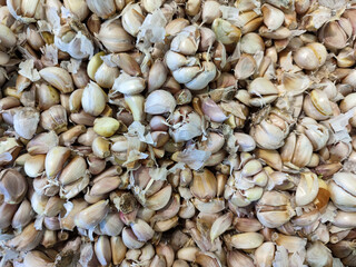 Close up of pile of garlic cloves at a stall of supermarket in Asia. Herbs and spices. Cooking ingredient.