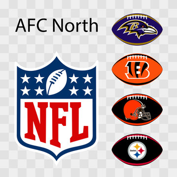 National Football League NFL, NFL 2022. AFC North. Baltimore Ravens, Cleveland Browns, Cincinnati Bengals, Pittsburgh Steelers. Balls with team logos. Kyiv, Ukraine - May 14, 2022