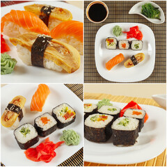 Collage of diverse traditional asian sushi sets on bamboo mats.