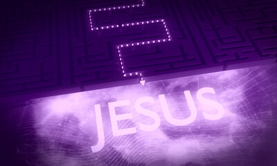 Christianity concept illustration. Illuminated path to Jesus across rectangle labyrinth. 3D render