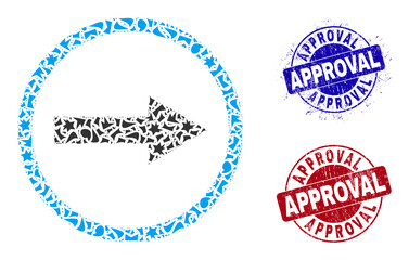 Round APPROVAL corroded seals with caption inside round forms, and debris mosaic right rounded arrow icon. Blue and red stamp seals includes APPROVAL text.