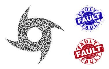 Round FAULT grunge seals with word inside round shapes, and shard mosaic tornado icon. Blue and red stamp seals includes FAULT text. Tornado mosaic icon of fraction parts.