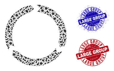 Round LARGE GROUP textured seals with word inside round shapes, and fragment mosaic rotation icon. Blue and red stamp seals includes LARGE GROUP caption. Rotation mosaic icon of debris particles.
