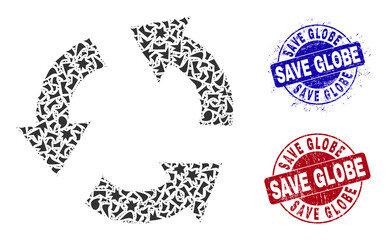 Round SAVE GLOBE dirty stamp seals with word inside round forms, and detritus mosaic recycle icon. Blue and red stamp seals includes SAVE GLOBE text. Recycle mosaic icon of debris items.