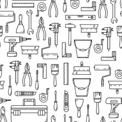 Obraz premium Seamless pattern with tools for construction and repair. Black on white. Line illustration