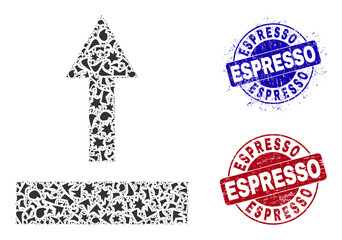 Round ESPRESSO rough stamp seals with text inside round forms, and debris mosaic pull up icon. Blue and red stamp seals includes ESPRESSO caption. Pull up mosaic icon of fraction parts.