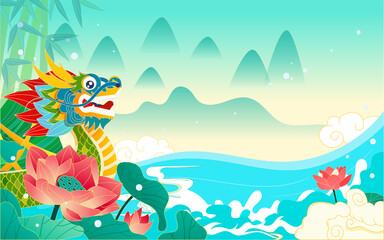 Naklejka na ściany i meble Dragon boat race, eating zongzi, traditional festival customs, vector illustration, Chinese translation: Dragon Boat Festival