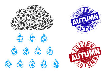Round AUTUMN rough stamp prints with caption inside round shapes, and fraction mosaic rain cloud icon. Blue and red stamp seals includes AUTUMN text. Rain cloud mosaic icon of fraction items.