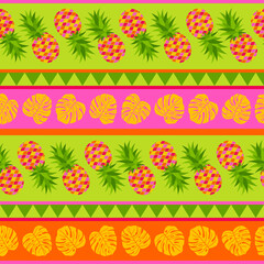 Colorful pineapple and monstera seamless pattern with striped background for summer holidays concept.