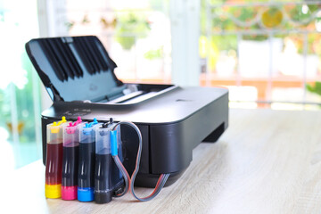 Close up printer on the office desk. Concept of copier or photocopier workplace equipment for...
