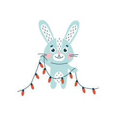 Rabbit with Christmas garland. Cute vetor flat animal character, isolated on white background