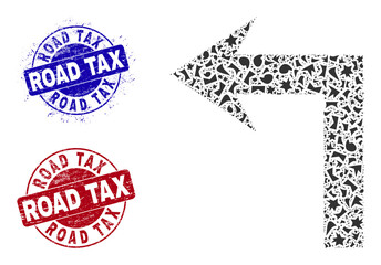 Round ROAD TAX unclean rubber prints with text inside round shapes, and debris mosaic turn left icon. Blue and red seals includes ROAD TAX text. Turn left mosaic icon of debris particles.