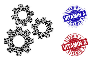Obraz premium Round VITAMIN A scratched stamp seals with caption inside round forms, and debris mosaic gear mechanism icon. Blue and red stamp seals includes VITAMIN A caption.