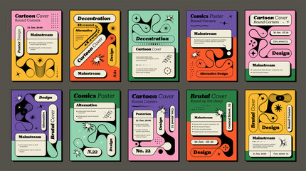 Set of posters with brutalistic forms. Speech bubbles, collection of cartoon comic book covers. Booklets with text boxesVector illustration