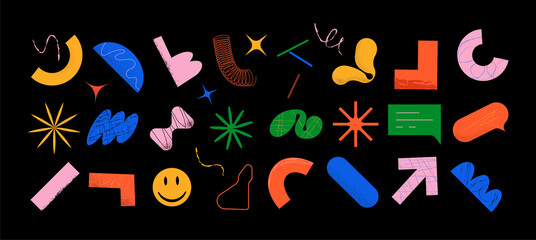 Big set of simple abstract vector geometric textured objects and freeform shapes. Funny figures