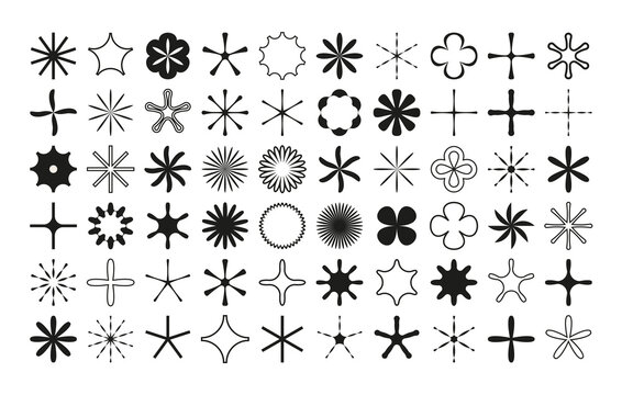 Set of simple vector objects in a modern style, contemporary figures of the sun, flowers and stars, square and round shapes, linear with strokes and full