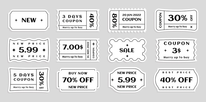 Set of vector tickets, price tags and coupons of unusual shapes, promotions with special discount offers