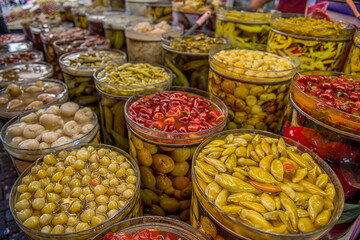 Pickles at the Turkish public market. Turkish language 