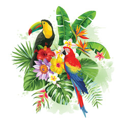 Summer arrangement with tropical birds, palm leaves and exotic flowers. Vector illustration. - obrazy, fototapety, plakaty