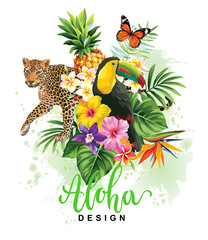 Summer arrangement with tropical birds, animals, palm leaves and exotic flowers. Vector illustration.