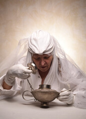 A female Genie looks in her antique lantern for wishes