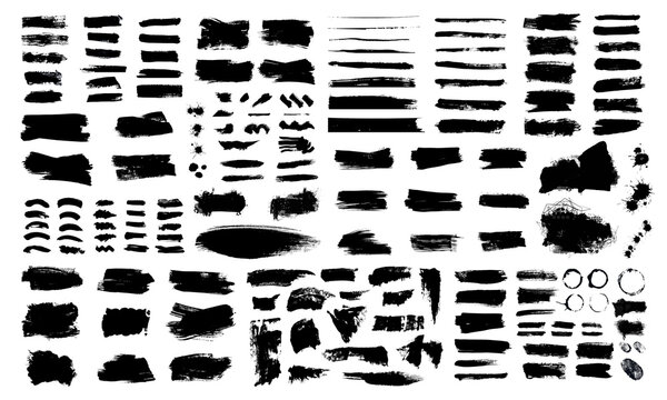 Brush strokes. Set of vector brushes, ink brush stroke. Design elements in grunge style. Long text fields. Big collection of grunge texture banners. Rough drawn objects Isolated on white background.