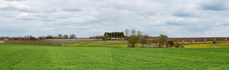 Extra large panoramic view over fields and agriculture land at the Flemish countryside