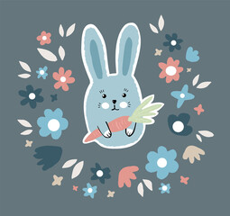 Cute rabbit with flowers and leaves. Scandinavian print illustration for children's clothing, postcards, tableware. Vector color graphics.