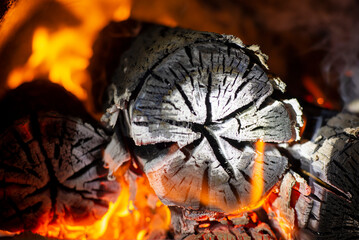 Burning firewood in fire-box of boiler in country cottage.