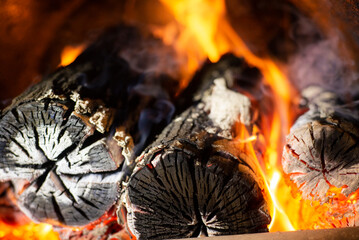 Burning firewood in fire-box of boiler in country cottage.