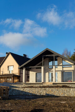 New house eaves on blue sky.