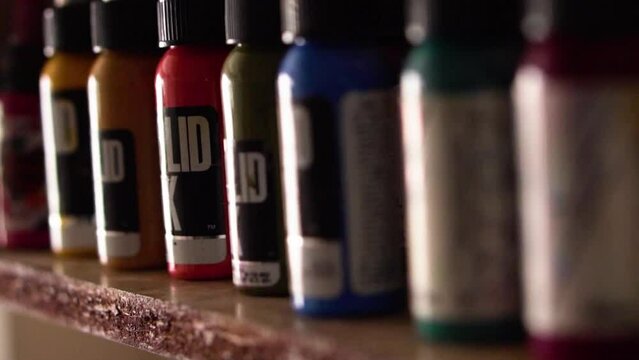 Bottles of colored ink for tattoo use