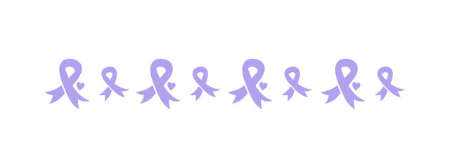 Purple ribbons border line. Dementia awareness, cancer, epilepsy and Alzheimer's disease, against homophobia and domestic violence. Vector elements isolated on white background. Awareness ribbons. - obrazy, fototapety, plakaty