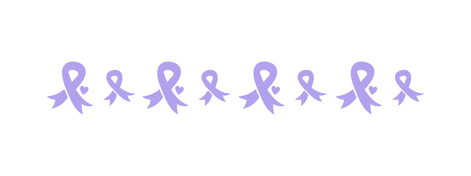Purple ribbons border line. Dementia awareness, cancer, epilepsy and Alzheimer's disease, against homophobia and domestic violence. Vector elements isolated on white background. Awareness ribbons.