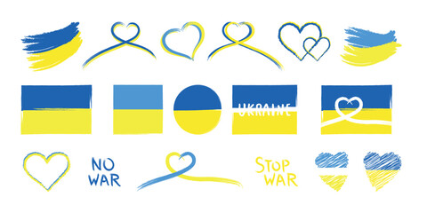 Support for Ukraine icons set in yellow blue colors. Ukrainian sign, symbol, emblem or sticker. Decorative patriotic vector elements, isolated on white background. Ukrainian hand drawn illustrations