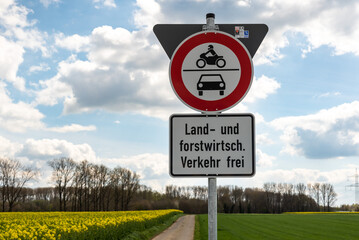 Heinsberg, Germany - Road sign prohibiting motorised traffic except agriculture vehicles