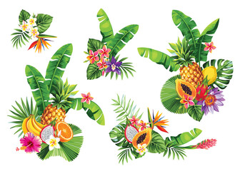 Tropical summer arrangements with palm leaves, fruits, pineapples and exotic flowers. Vector illustration isolated on a white background.
