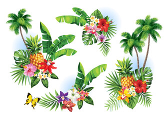 Tropical summer arrangements with palm leaves, pineapples and exotic flowers. Vector illustration isolated on a white background.