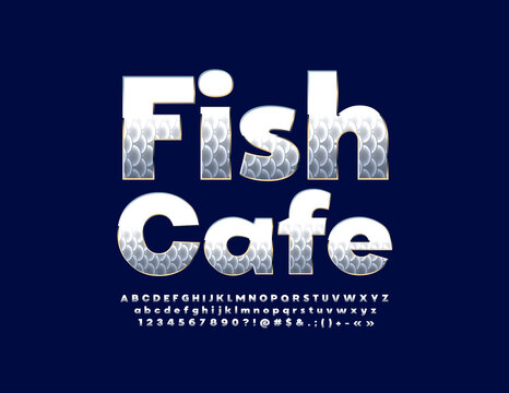 Vector modern sign Fish Cafe. Unique Bright Font. Artistic Alphabet Letters and Numbers set