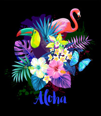 Tropical night summer arrangement with birds, palm leaves and exotic flowers. Vector illustration on a black background.