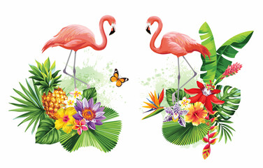 Naklejka premium Tropical summer arrangements with birds, palm leaves and exotic flowers. Vector illustration.