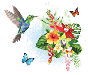 Fototapeta na wymiar Tropical summer arrangements with humming-bird, palm leaves and exotic flowers. Vector illustration.
