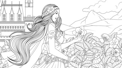 Fototapeta na wymiar Vector illustration, beautiful girl princess, caring for flowers in the garden of the kingdom
