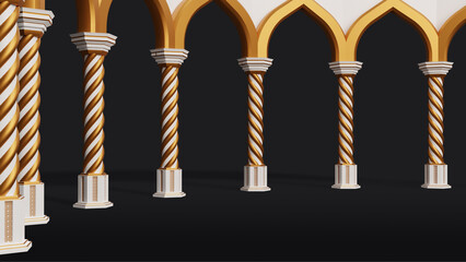 Islamic 3d render mosque pillar decoration in white gold background color 