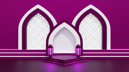 Islamic 3d podium display decoration in white purple background color