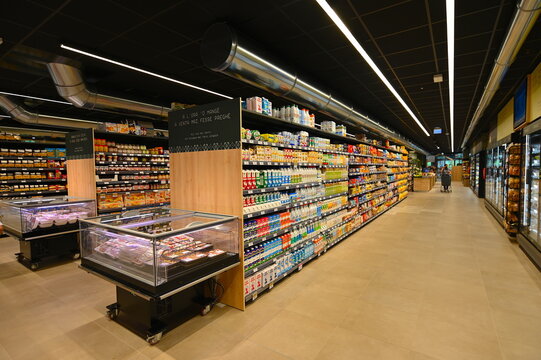 perspective view of deserted supermarket shelves rows Turin Italy May 13 2022
