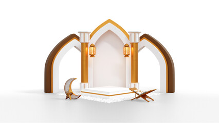Islamic 3d podium display decoration in white gold background color